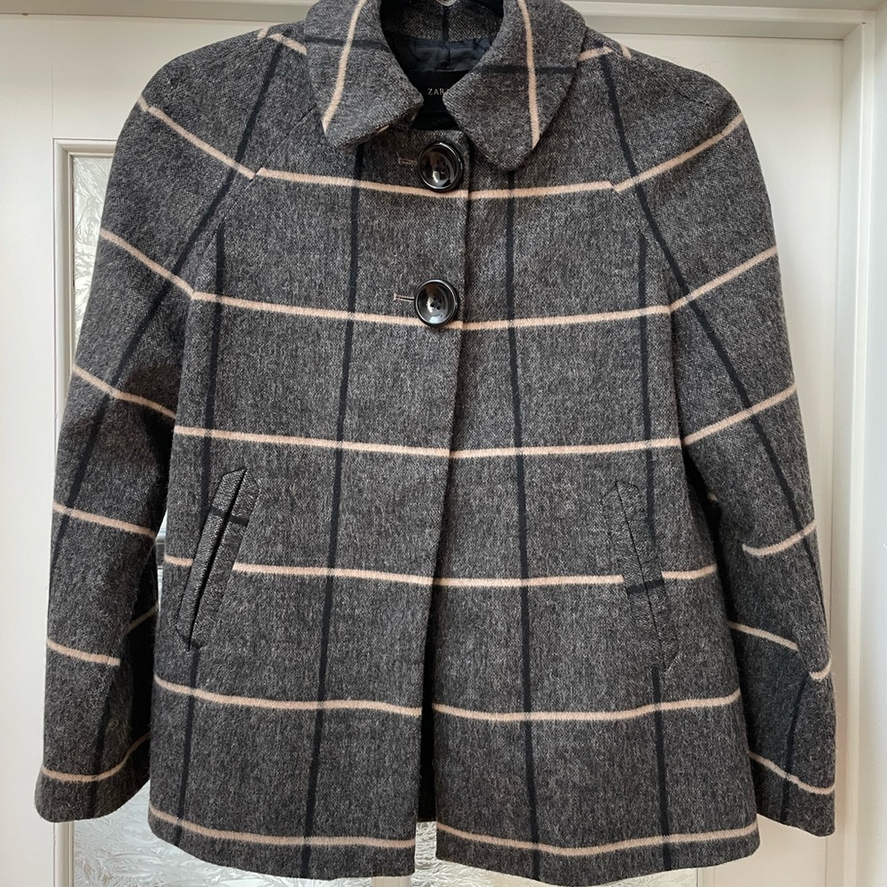 Zara Gray Flannel Wool Blend Plaid Blazer Pea Coat Classic Tailored Cut